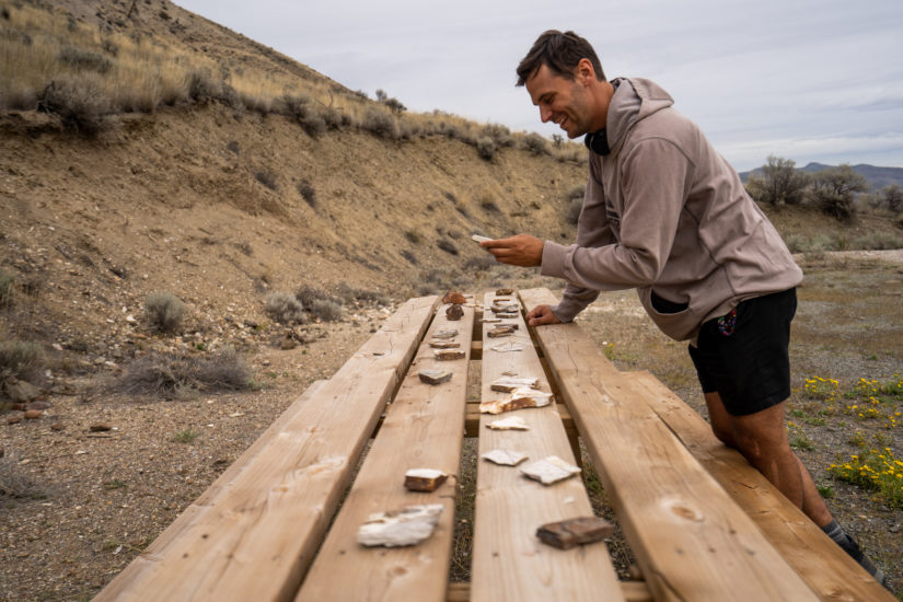 Admiring fossils at McAbee Fossil Site, near Cache Creek